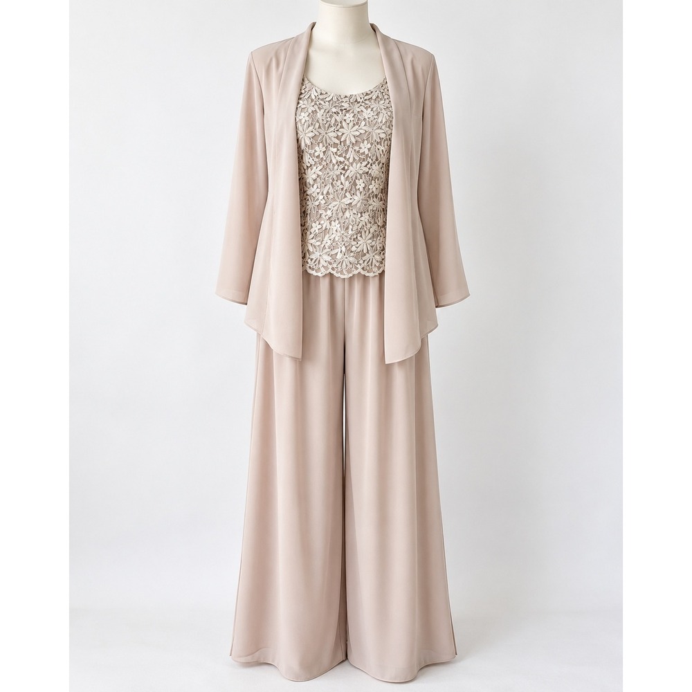 R&M Richards Woman 3 Piece Pant Suit Lace Top Chiffon Overlay Beige 14W 38841